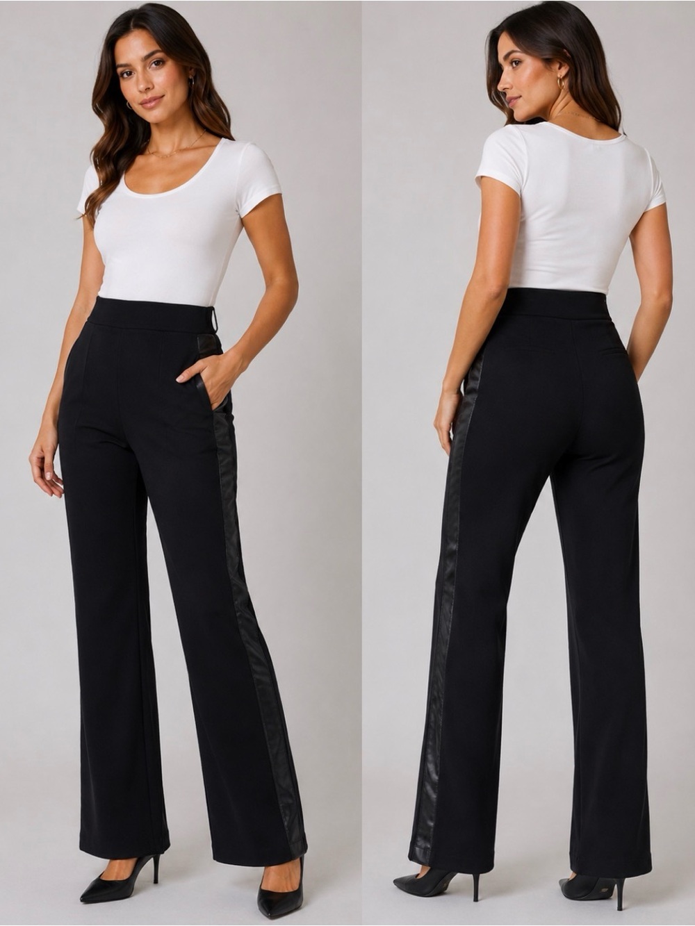 Women’s Black Pants with Side Faux Leather Stripe Size Large